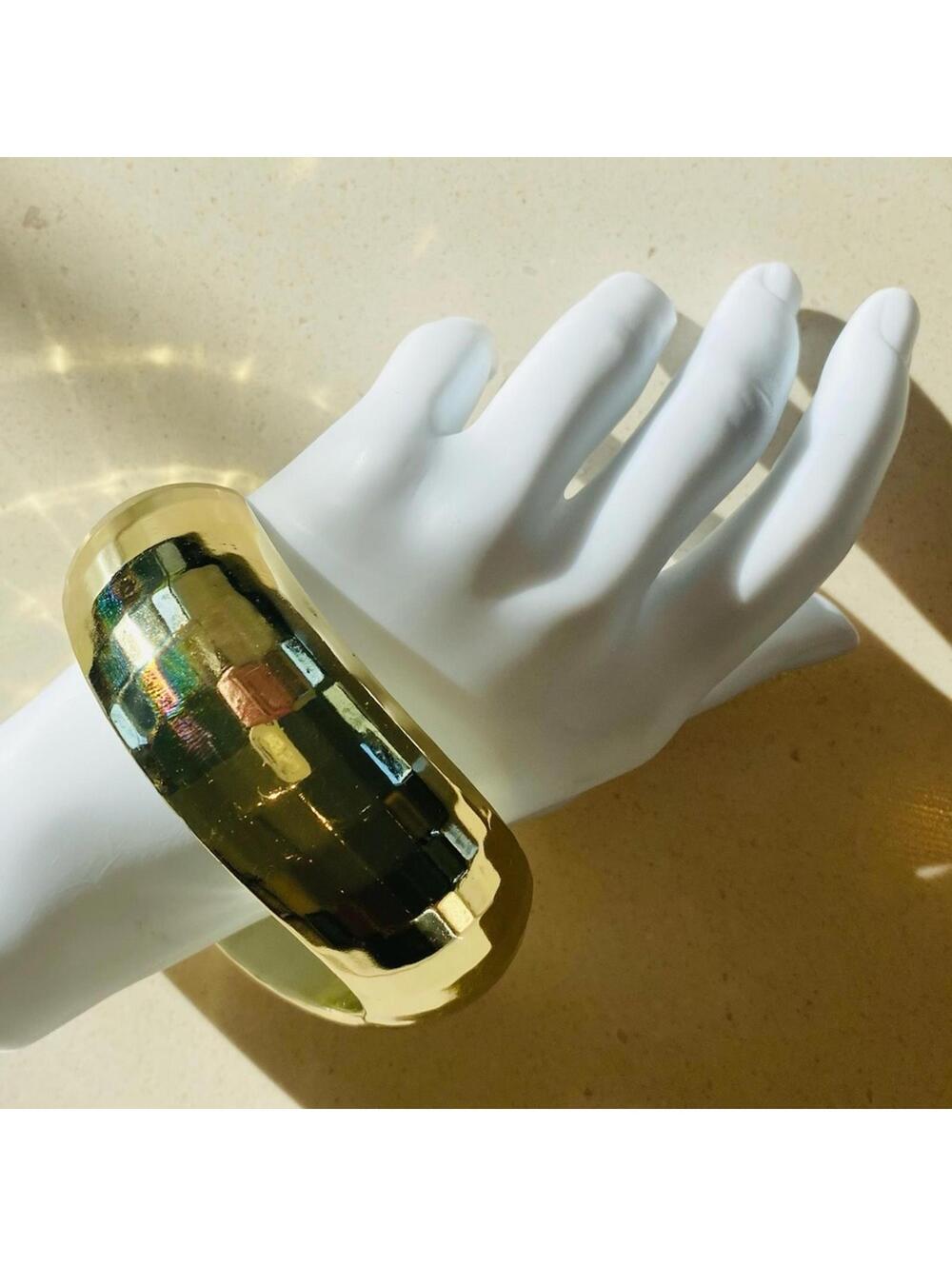 Vintage Gold Tone Faceted Wavy Wide Bangle Bracelet Size 9